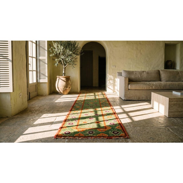 1930s Green Geometric Tribal Hand Knotted Antique Indian Agra Rug 1'10" X 10'9" Wool Carpet For Sale In New York - Image 6 of 8