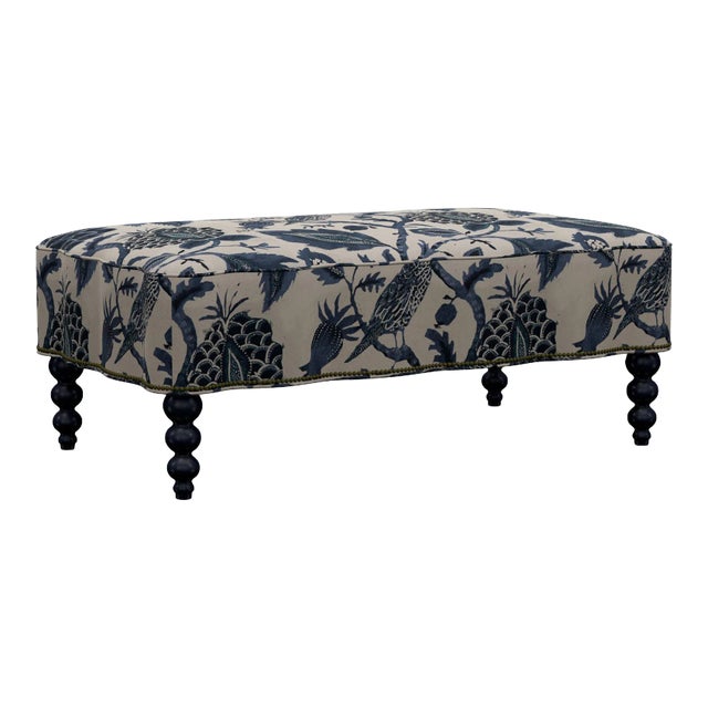 Mirasol Scalloped Ottoman, Indigo Botanical Cotton with Navy Legs For Sale