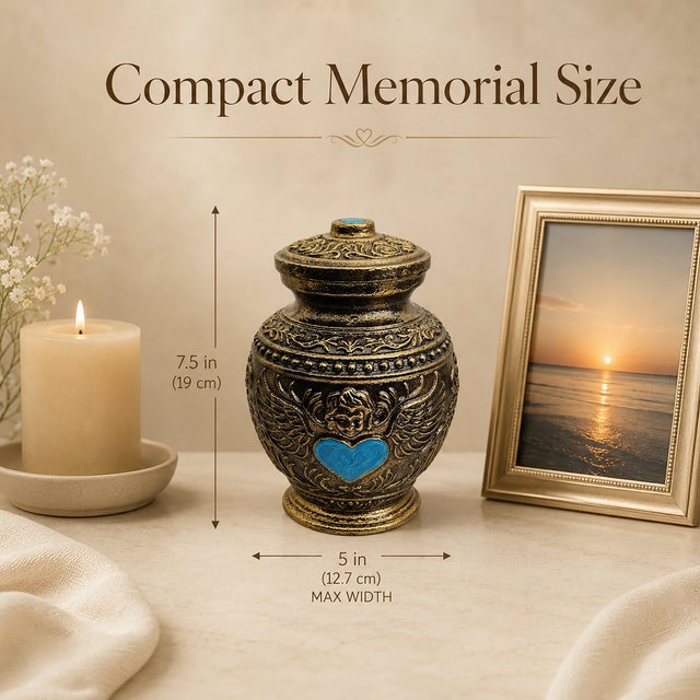 Aura Angel Wings Turquoise Heart Keepsake Cremation Urn Metal Antique Finish For Sale - Image 6 of 10