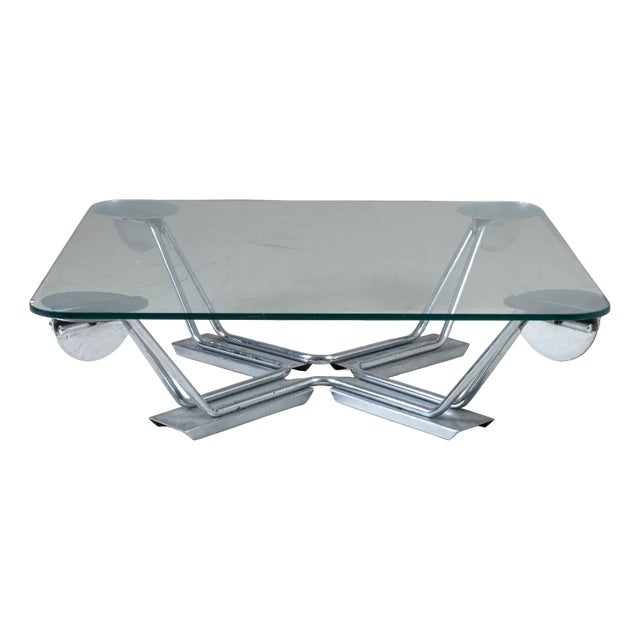 Coffee Table with Glass Top and Steel Frame, 1980s For Sale