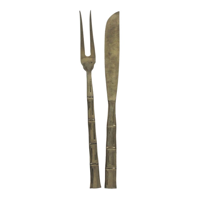 Vintage Brass Faux Bamboo Serving Fork and Knife Servers Carving Utensils Large For Sale