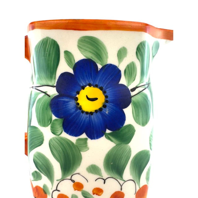 Orange Vintage Czech Hand-Painted Floral Pitcher – Czechoslovakia Folk Art Pottery Jug For Sale - Image 8 of 12
