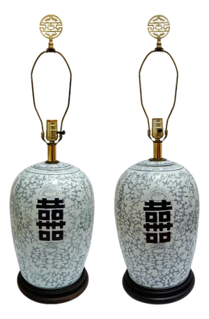 Mid 20th Century Chinoiserie Powder Blue Double Happiness Ginger Jar Lamps - A Pair