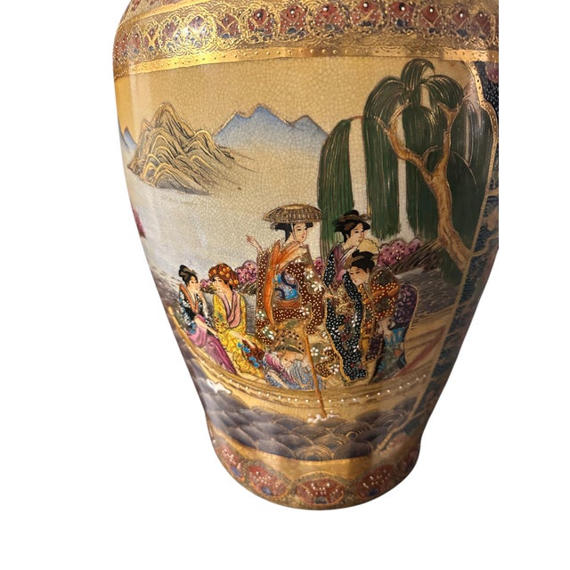 Vintage Royal Satsuma-Style Hand-Painted Porcelain Floor Vase With Gilt Dragon Handles For Sale - Image 11 of 12