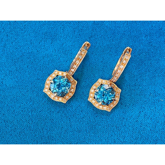 Round Brilliant Cut Blue Topaz Diamond Halo 14 Karat Rose Gold Huggie Drop State, A Pair For Sale - Image 4 of 9