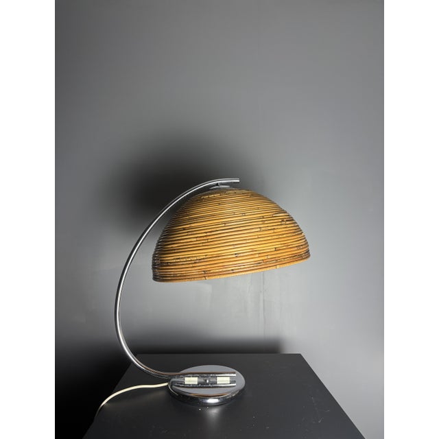 Vintage Italian Pencil Reed Rattan Bamboo and Chrome Arc Table Lamp, 1970s For Sale - Image 4 of 13