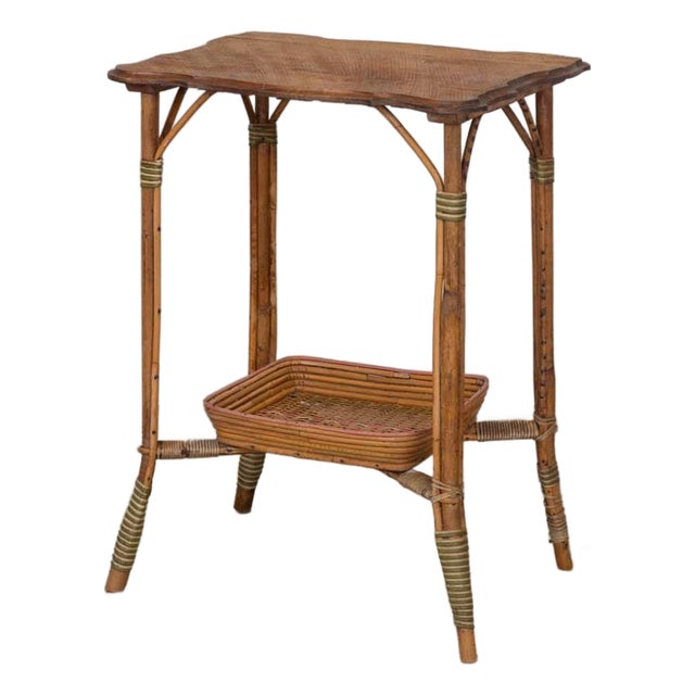 1950s French Woven Wicker and Wood Table For Sale