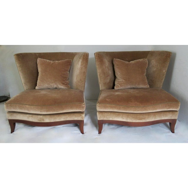 Contemporary C2000 Donghia "Geneva" Collection Walnut Framed Club Chairs With Donghia Linen Velvet Textile -Pair For Sale - Image 3 of 16