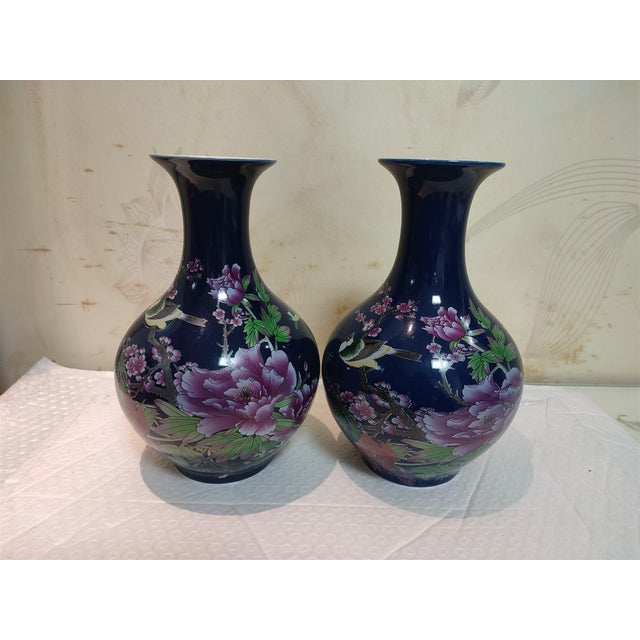 Art Deco A Pair of Chinese Old Ceramic Vase,Qing Dynasty Qianlong Marked Blue Ground Famille Rose Porcelain Yuhuchun Vase Flowers and Birds Pattern For Sale - Image 3 of 11