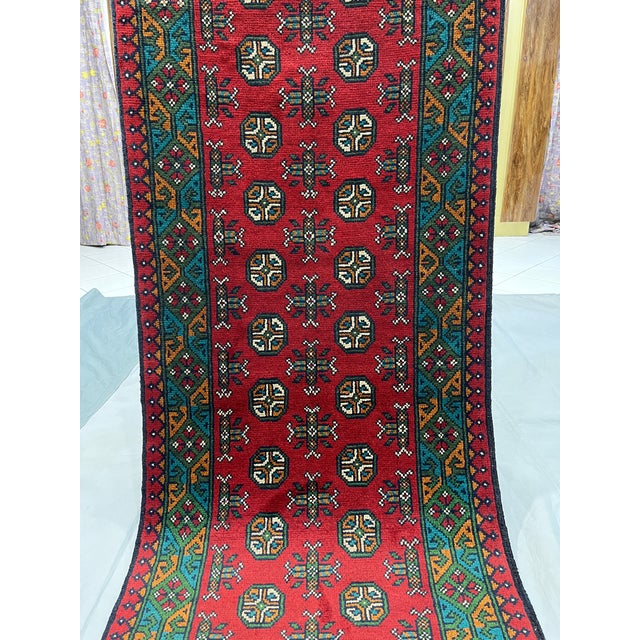 Art Deco Red and Turquoise Turkmen Tribal Wool Runner Rug, 2'9" X 15'9" For Sale - Image 3 of 13