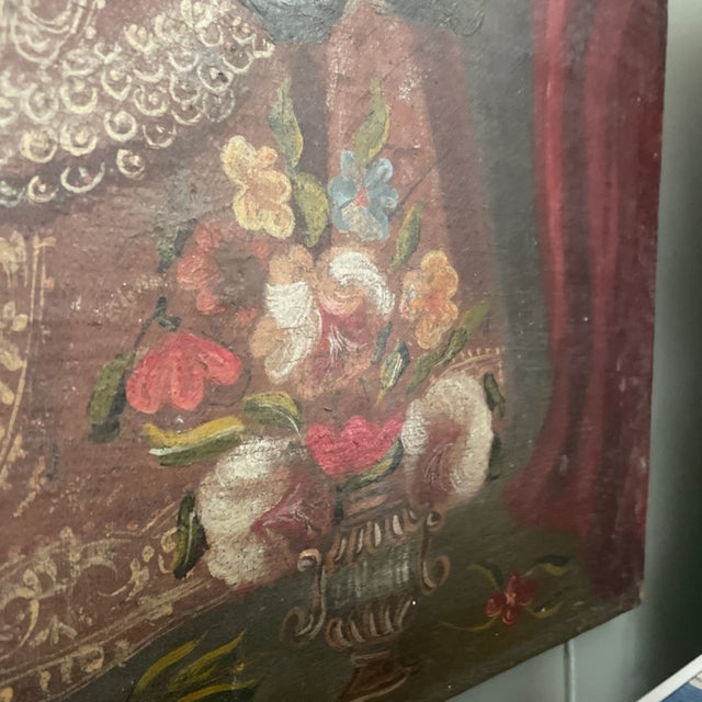 Red Antique Cusco School Painting on Wood of Virgin and Child For Sale - Image 8 of 12