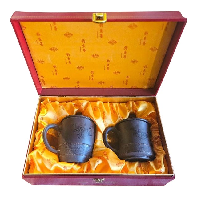 1990s Handmade Yixing Tea Cups With Lids in Box - Diaoyutai State Guesthouse Gift For Sale