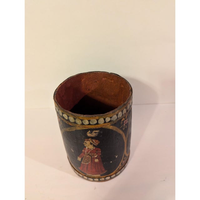 Black Mid-20th Century Hand-Painted Rajasthani Wooden Vessel With Mughal Court Portraits For Sale - Image 8 of 11