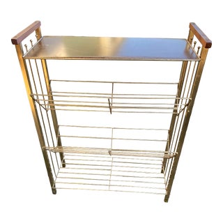 1960s Vintage Brass Wire Stand Walnut Handle Bookstand Rack For Sale
