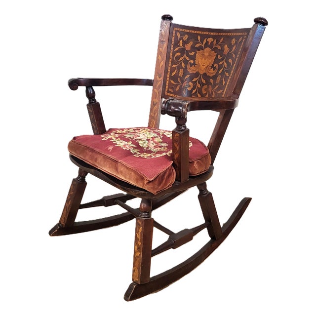 Antique Dutch 19th C Carved & Marquetry Inlaid Rocking Chair + Needlepoint Pillow For Sale