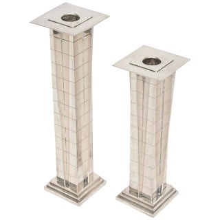 Vintage Silver- Plate Deco Style "Skyscraper" Candlesticks Pair Of, 90's For Sale
