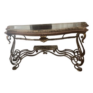 1990s Hollywood Regency Marble & Wrought Iron Console Table With Beveled Glass For Sale