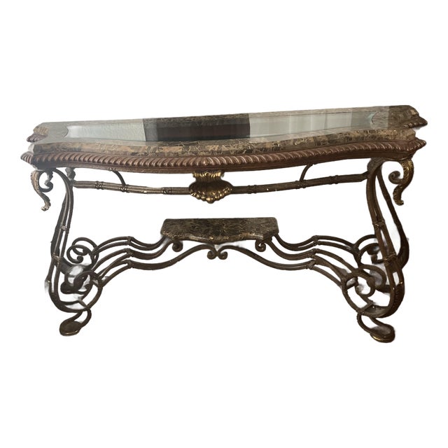 1990s Hollywood Regency Marble & Wrought Iron Console Table With Beveled Glass For Sale