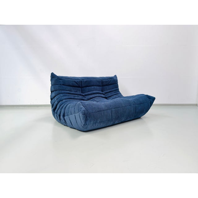 French Togo 2-Seater Sofa in Blue Corduroy attributed Michel Ducaroy for Ligne Roset, 1970s For Sale - Image 6 of 12