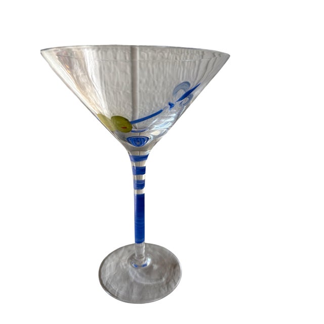 Late 20th Century Hand Painted Martini Glasses with Olive & Fleur De Lis Design, Blue and Purple Stems - Set of 2 For Sale - Image 4 of 9