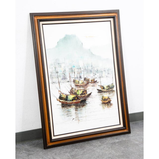 Textile Mid Century Modern Original Art Boat Sailboat White Green Oil Canvas Signed Nm For Sale - Image 7 of 11