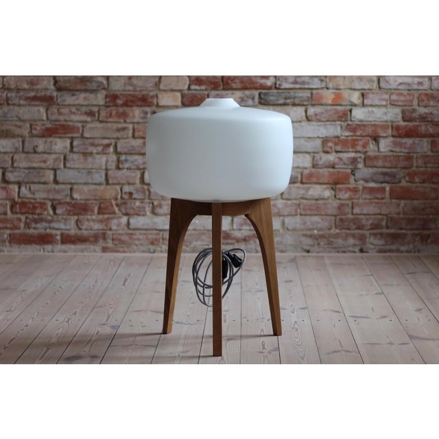 Cream Space Age Floor Lamp with White Glass Lampshade and Wooden Tripod Base, 1960s For Sale - Image 8 of 8