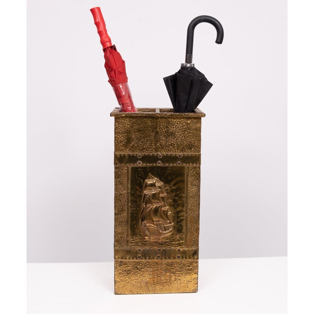 Brass embossed Umbrella stand .Three-masted ship. Normal used condition . Holland 1930s .