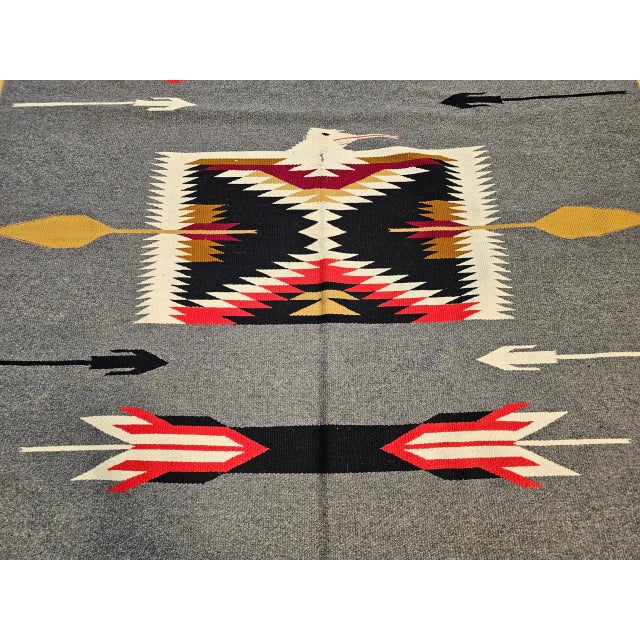 1900 - 1909 Vintage American Southwestern Kilim Rug, Handwoven Wool, Mythical Bird Pattern, Pale Blue & Ivory, 4x7 For Sale - Image 5 of 11