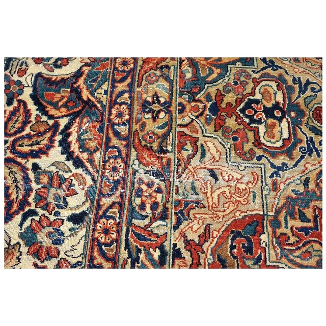 Antique Persian Sarouk Mahajaran Wool 12x19 Ivory, Navy, & Red Oversized Handmade Area Rug #1144059 For Sale - Image 10 of 16