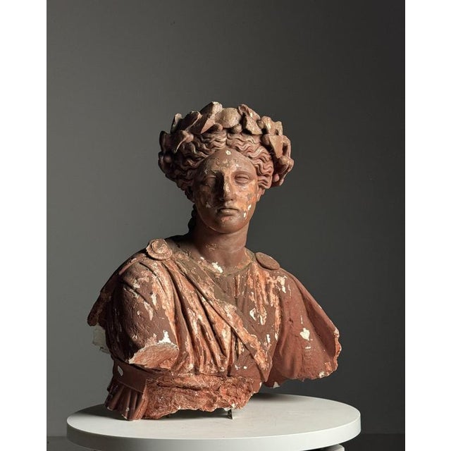 Plaster statue of a Greek Goddess. Painted in terracotta colour. Beautiful patina. Originating from England, early 20th...