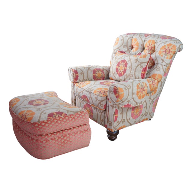 Vintage Pearson Floral Tufted Club Lounge Library Armchair & Ottoman For Sale