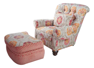 Vintage Pearson Floral Tufted Club Lounge Library Armchair & Ottoman