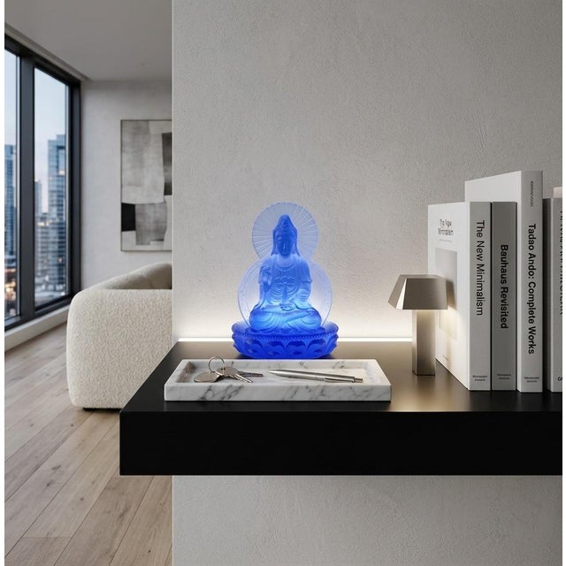 Blue Frosted Crystal Glass Lotus Base 2 Sides Bodhisattva Guanyin Figure For Sale In San Francisco - Image 6 of 11