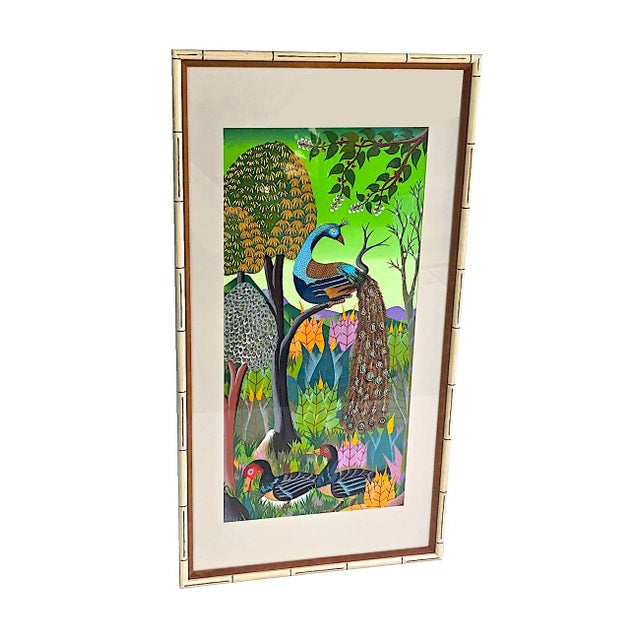 Wood 1970s Adam Leontus Art Naif Framed Serigraph Screen Print: Peacock For Sale - Image 7 of 18