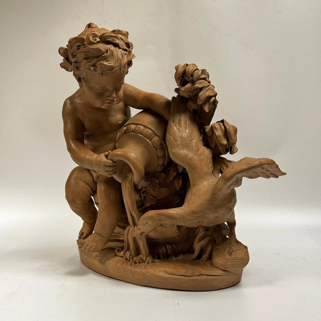 French 19 Century Putto with Swan Terracotta Sculpture in Manner of Clodion For Sale - Image 10 of 11