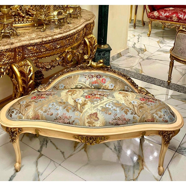 French Rococo Sky Blue Settee – Gold Leaf Frame, Ornate Cherub Top, Damask Upholstery For Sale - Image 4 of 4