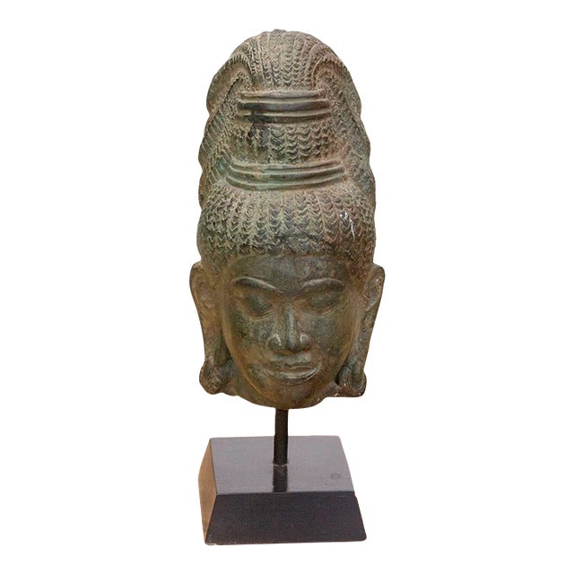 Angkorian Spirit, Antique Khmer Stone Head Sculpture For Sale