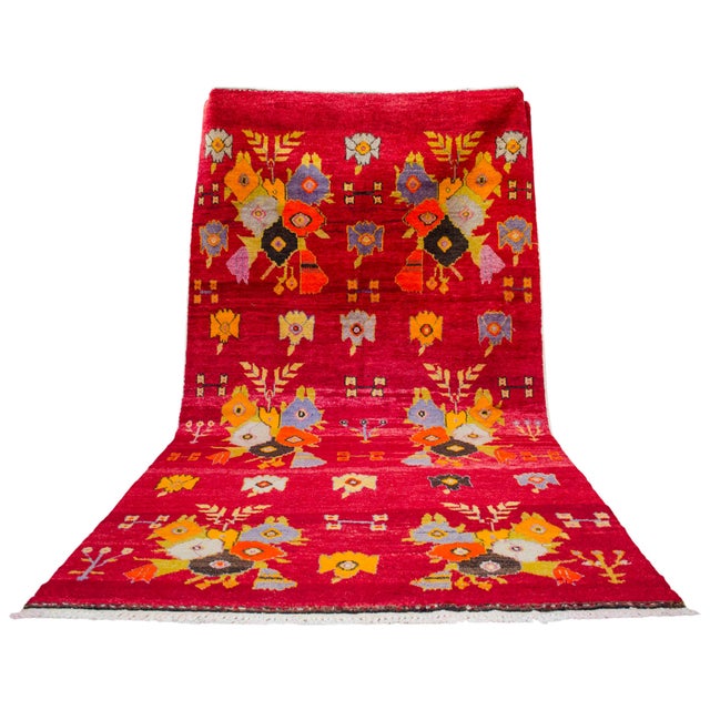 Authentic 1940s Turkish Rug 5x10 Vibrant Red Mid Century Modern Organic Wool Carpet For Sale - Image 4 of 14