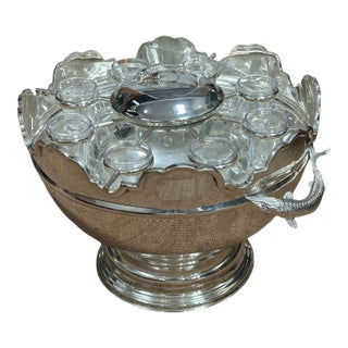 Vintage Silverplate and Glass Caviar and Vodka Monteith Bowl Server With Sturgeon Relief Handles and Lid For Sale