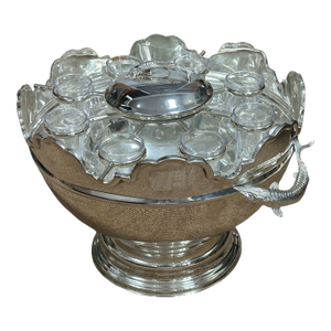 Vintage Silverplate and Glass Caviar and Vodka Monteith Bowl Server With Sturgeon Relief Handles and Lid