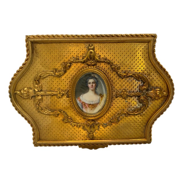 Antique French Gilt Metal Rococo Revival Jewelry Casket With Portrait Miniature France C. 1890–1920 For Sale