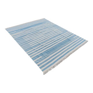 Handmade Reversible Cotton Vegetable Dyed Blue and White Striped Rug-5'x7' For Sale