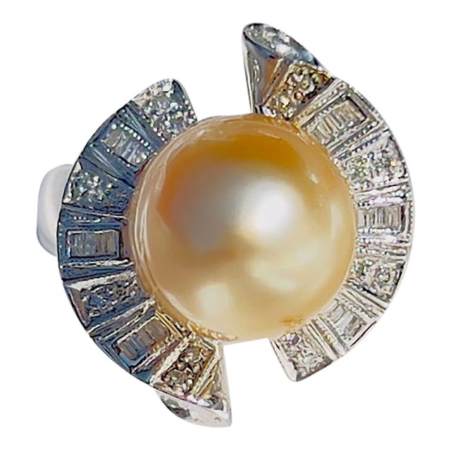 Champagne Golden South Sea Pearl 18K White Gold Ring, Size 7.5 For Sale