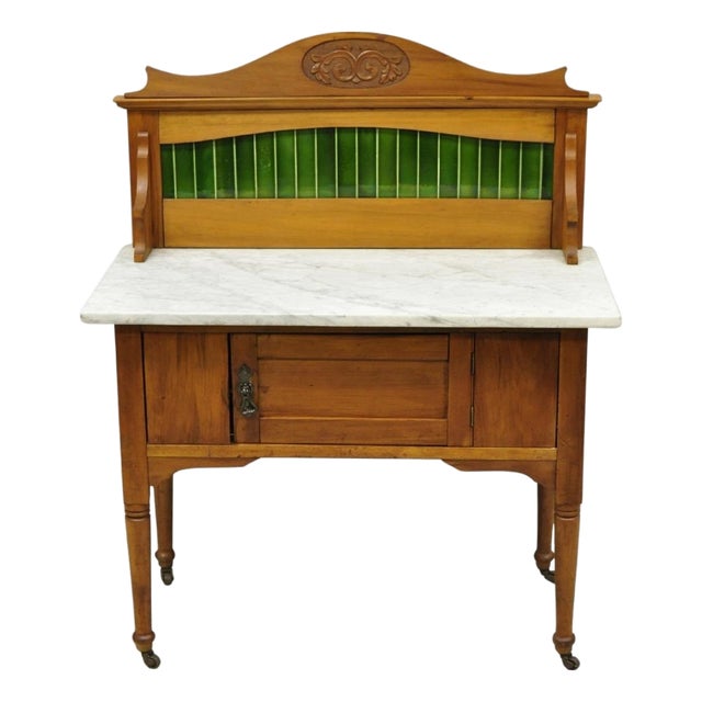 Antique English Arts & Crafts Birch Wood Green Tile Backsplash Washstand Server For Sale