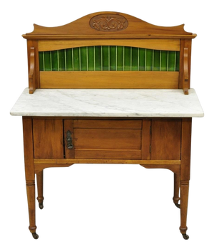 Antique English Arts & Crafts Birch Wood Green Tile Backsplash Washstand Server