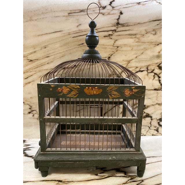 Gorgeous Italian handmade dome design, wood and wire footed birdcage, delicately hand painted with botanical motifs.