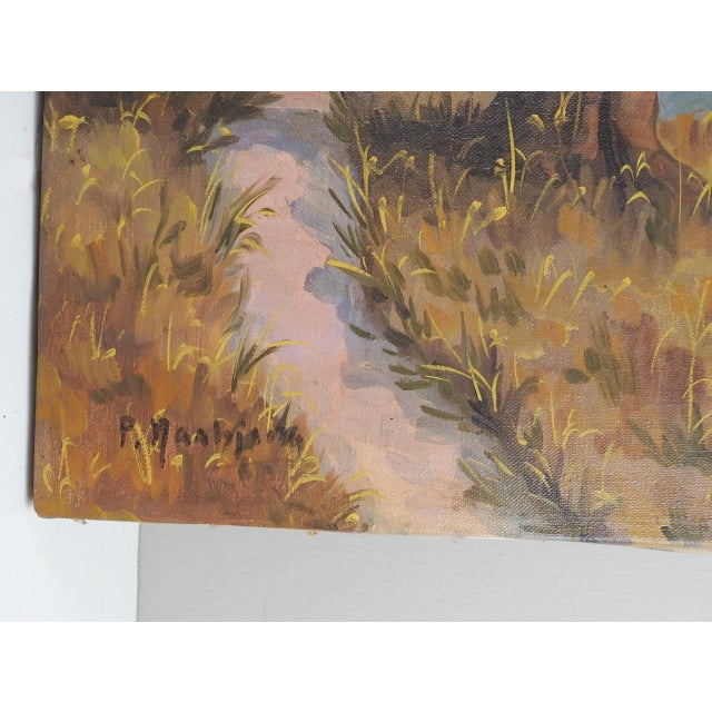 Oil on canvas early autumn moody landscape painting. Signed illegibly lower left corner. Unframed, edge wear.