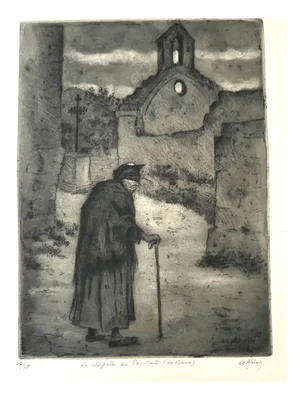François De Herrain, Old Woman in Church, Etching