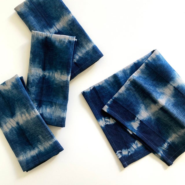 Silver gray linen napkins, set of four, dyed with indigo in Stripe pattern. Sustainably hand-dyed and sewn in New York...
