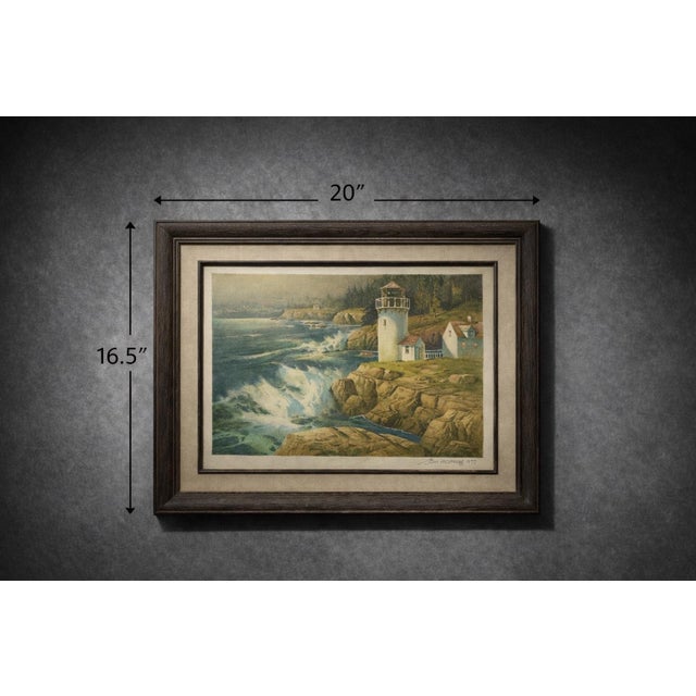 Vintage framed coastal seascape lithograph titled New England Lighthouse by Tom Nicholas, issued by the Franklin Mint...